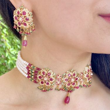 Gold Choker Necklace Set Punctuated with Rubies